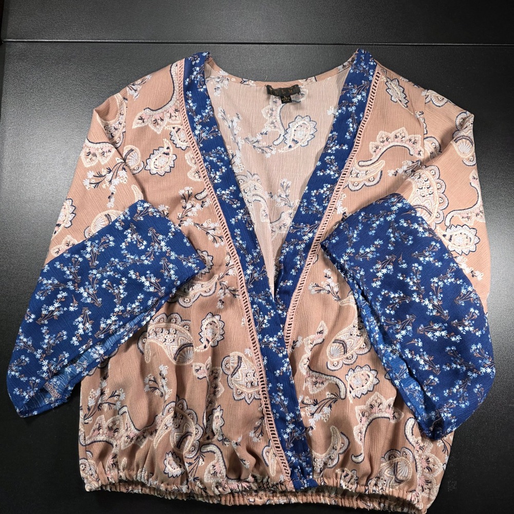 OLM Womens Paisley Floral Boho Mixed Print Surplice Blouse Tan Blue Size Large